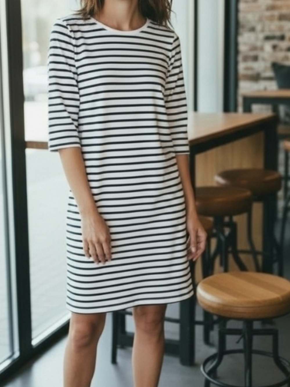 Boden Striped crewneck casual Shift Dress in Black & White stripes 3/4 sleeves